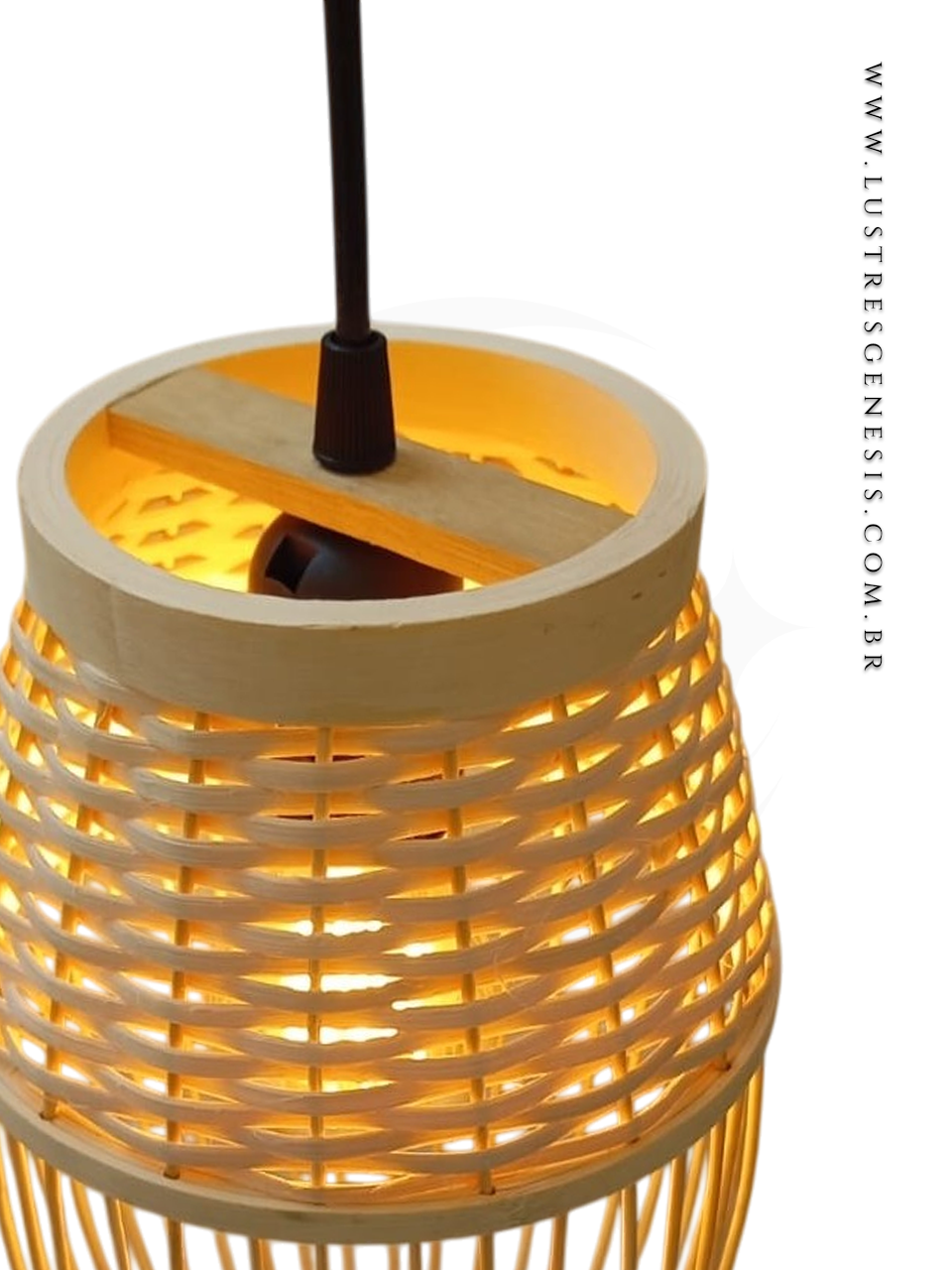 Pendente de teto grande em bambu estilo Drum, ideal para mesas, balcão de cozinha, área gourmet e sítio, com iluminação aconchegante e design natural.